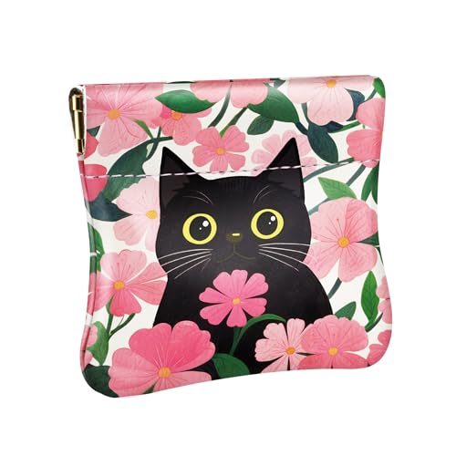 Travelambo Leather Squeeze Coin Purse Pouch Change Holder For Men & Women - color: Pink Floral Cat