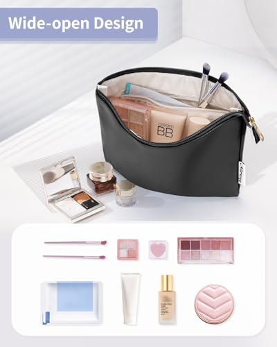 Narwey Small Makeup bag for Purse, Small Makeup Pouch for Purse Cosmetic Bag with Zipper, Cute PU Leather Make up Pouch for Women Girls (Black) - color: A-Black