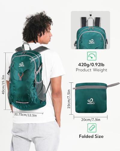 WATERFLY Lightweight Packable Hiking Backpack: 30L Foldable Travel Daypack Ultralight Camping Day Pack for Woman Man - color: Green
