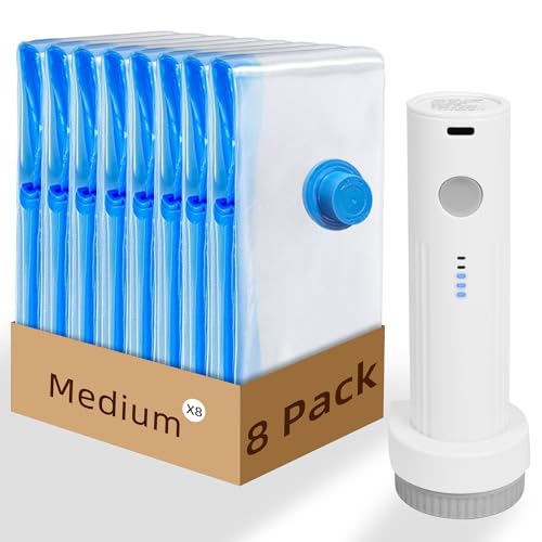 Travel Vacuum Bags with Rechargeable Pump,8 Pack Vacuum Storage Seal Bags for Clothing Suitcase Backpack, Space Saver Compression Clothes Storage Bag (8 Medium+Electric Pump) - style: 8 Medium+Electric Pump