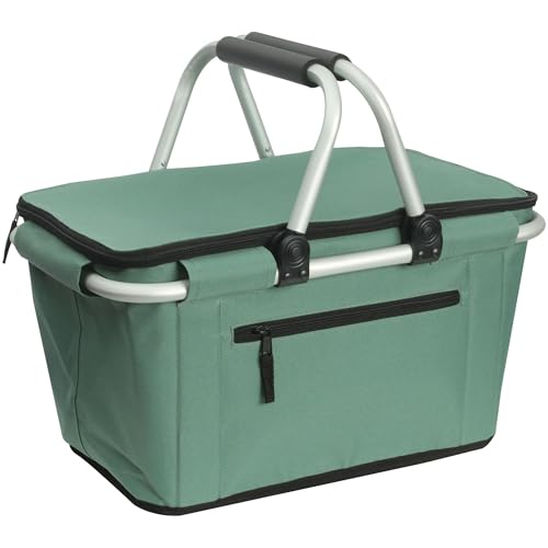 Picnic Basket, SIYUAN Collapsible Shopping Basket with Handles 27L Large Market Basket with Lid Reusable Folding Grocery Basket Insulated Cooler Bag, Green - color: Green