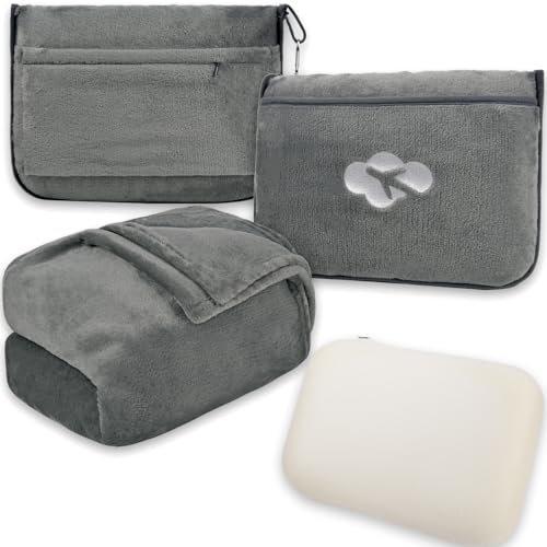 Blanket Pillow for Airplane Travel Essentials - 3 In 1 Travel Blanket and Pillow Set for Women Gifts, Plane Compact with Bag for Long Flight, International Traveler Must Haves Flying Accessories(Gray) - color: Grey