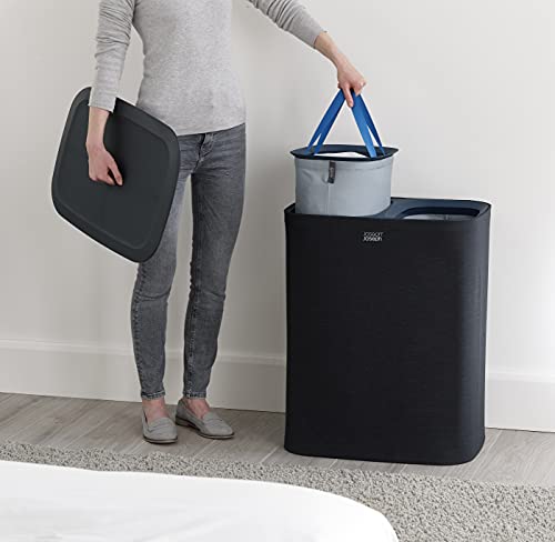 Joseph Joseph Tota 90 liter/23.8 gallon Laundry Hamper Separation Basket with lid, 2 Removable Washing Bags with Handles - Dark Blue - color: Dark Blue, style: Dual Compartment 90L
