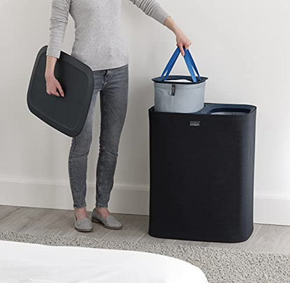 Joseph Joseph Tota 90 liter/23.8 gallon Laundry Hamper Separation Basket with lid, 2 Removable Washing Bags with Handles - Dark Blue - color: Dark Blue, style: Dual Compartment 90L