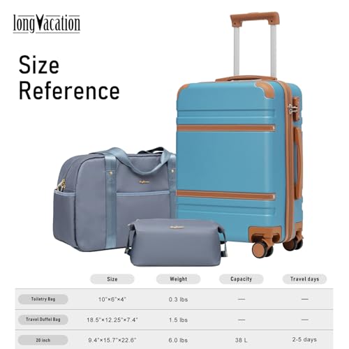 LONG VACATION Carry On Luggage Set 3 Piece, 20 Inch ABS+PC Hardshell Carry on Suitcase with Spinner Wheels TSA Lock & YKK Zipper - color: Blue, size: 3 Piece Set (20 Inch)