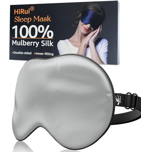 HiRui Silk Sleep Mask, 100% Natural Mulberry Silk of Double-Sided & Inner-Filling, Ultra-Smooth Soft, Adjustable Strap, Blocks Light for Night Sleeping, Travel, Office Naps (Gray) - color: Gray