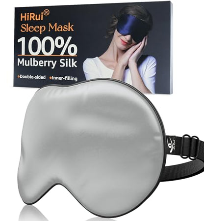 HiRui Silk Sleep Mask, 100% Natural Mulberry Silk of Double-Sided & Inner-Filling, Ultra-Smooth Soft, Adjustable Strap, Blocks Light for Night Sleeping, Travel, Office Naps (Gray) - color: Gray