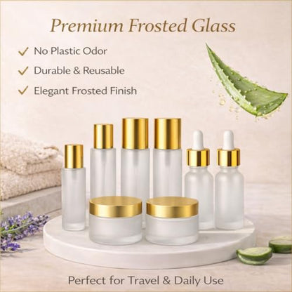 18Pack Glass Travel Bottles for Toiletries, TSA Approved Glass Travel Containers 1.35/0.7/1 oz Golden Small Travel Bottles with Label, BPA Free Leak Proof with Pump Spray Bottles for Makeup, Skincare - color: Golden-frosted glass