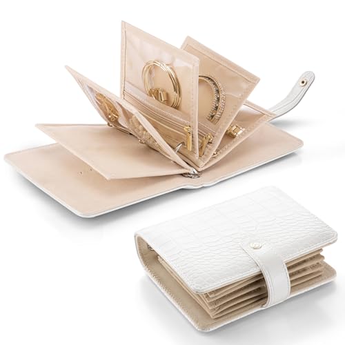 VLANDO Travel Jewelry Organizer Case,Travel Gifts for Women,Portable Jewelry Storage Book Ring Binder with Clear Zipper Velvet Jewelry Pouch Bag-White - color: 14.Small-White-Crocodile