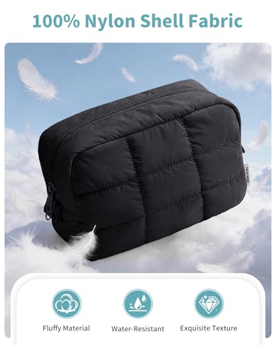 Narwey Puffer Makeup Bag for Women Girl, Quilted Travel Cosmetic Bag Puffy Make Up Bag Organizer, Cute Travel Toiletry Bag for Toiletries (Black) - color: Black