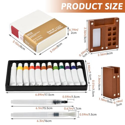 Mini Watercolor Travel Set (9-Piece), 8-Grid Walnut Palette with 12 Watercolor Paints, Mini Sketchbook, 6 Brush Pens and Metal Clip, Pocket Painting Kit for Outdoor Sketching and Travel