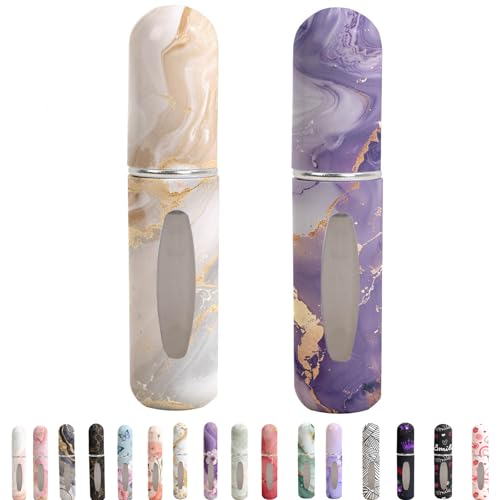 Refillable Perfume Atomizer Travel Bottles– Portable Leakproof Mini Sprayer for Cologne & Essential Oils, Plastic Empty Perfume Bottles with Unique Patterns,2 Pcs Pack of 5 ml (Grey and purple marble) - color: Grey and purple marble