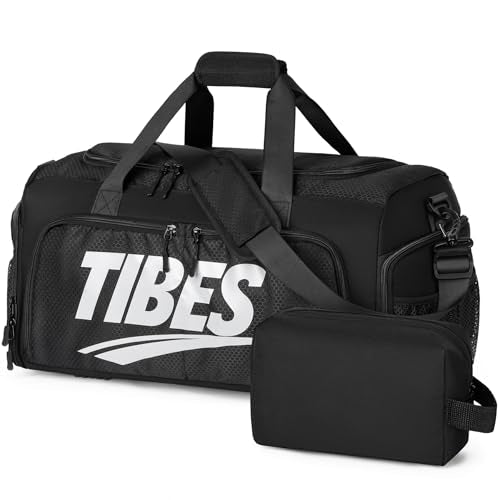 TIBES Mens Duffle Bag for Travel - Expandable 50L Weekender Bags with Toiletry Bag, Overnight Bag Travel Duffel Carry On Luggage with Removable Shoulder Strap, Durable & Water-Resistant - color: Black