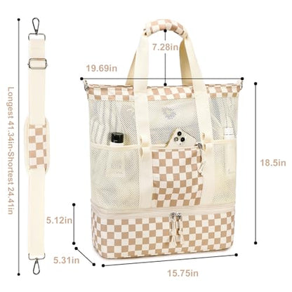 Bluboon Mesh Beach Tote Bag with Cooler Compartment Insulated Detachable Picnic Bag with Zipper and Pocket Pool Bag for Women - color: A-brown White Grid
