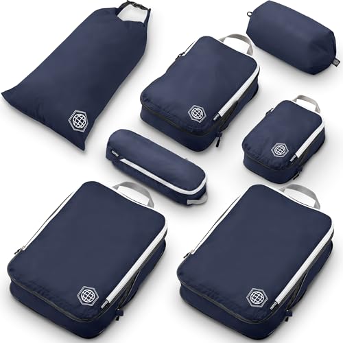 Large Compression Packing Cubes for Travel-Packing Cube Luggage Organizers 7 Piece Set for Checked Luggage-Ultralight, Expandable/Compression Bags by TRIPPED Travel Gear (Navy/White) - color: Navy/White