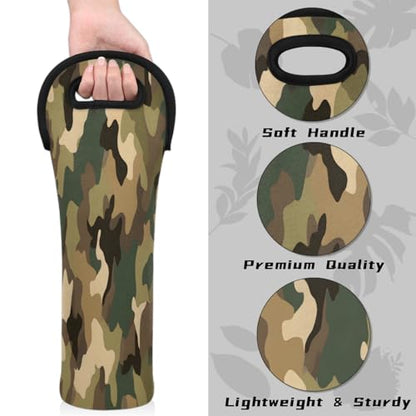 Camo Wine Tote Insulated Bag for Travel Single Bottle Wine Cooler Bags Neoprene Wine Bottle Holder Covers with Secure Handle Wine Carrier