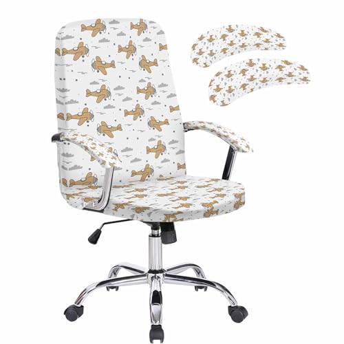Brown Airplane Office Chair Covers with Armrest Covers, Rotating Chair Cover, Modern Abstract Art Cartoon Clouds Gaming Chairs Slipcovers with Elastic for Armchair, Medium - color: Blue, size: M with 2 Armrest Covers