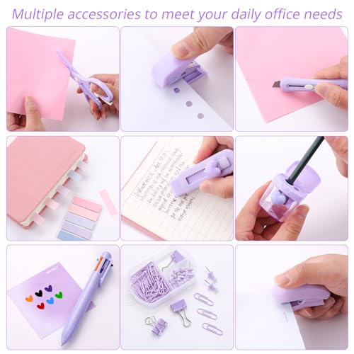 Purple Mini Office Supply Kit Mini School Supplies Desk Accessory Set Includes Mini Stapler Pencil Sharpener Staple Remover Hole Punch Ballpoint Pen Scissor Box Cutter Paper Clips Sticky Index Tabs - color: Purple