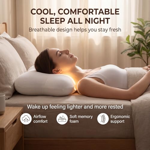 Low-Profile Cervical Memory Foam Pillow for Side & Back Sleepers, Ergonomic Neck Support, Cool-Touch Cover, Gentle Contour Design, Thin Zip Spacer Pouch & Sleep Eye Mask Included