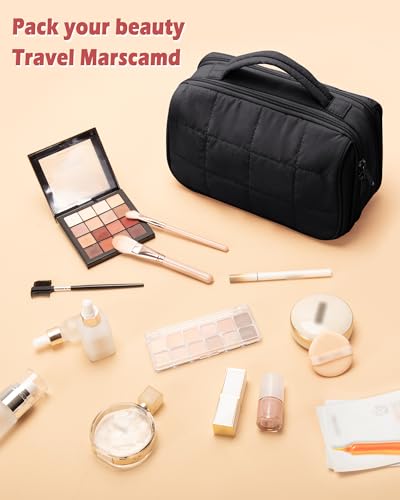 Marscamd Travel Makeup Bag for Women, Puffy Cosmetics Organizer with Waterproof Pockets, Toiletry Pouch for Makeup Brushes, Skincare & Travel Essentials, Black (Bag Only) - color: Black