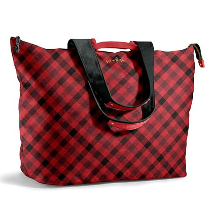 Fit & Fresh XL Beach Tote Bag for Women – XL Travel Tote with Zipper & Pockets, Oversized Canvas Pool Bag, Weekender Carry-On - color: Red Checkered