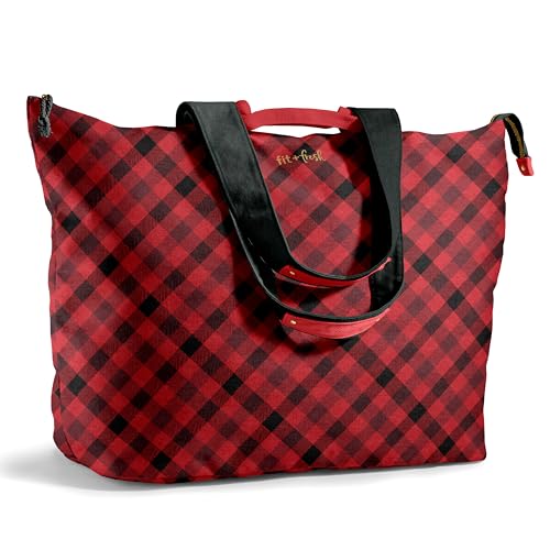 Fit & Fresh XL Beach Tote Bag for Women – XL Travel Tote with Zipper & Pockets, Oversized Canvas Pool Bag, Weekender Carry-On - color: Red Checkered