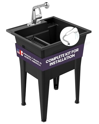 Freestanding Utility Sink with One Handle Chrome Faucet - 24" Plastic Utility Sink for Garage, Laundry, Indoor and Oudoor Use - Laundry Tub Kit by Noah William Home - Black (19.5 gal) - color: Black - One handle chrome faucet