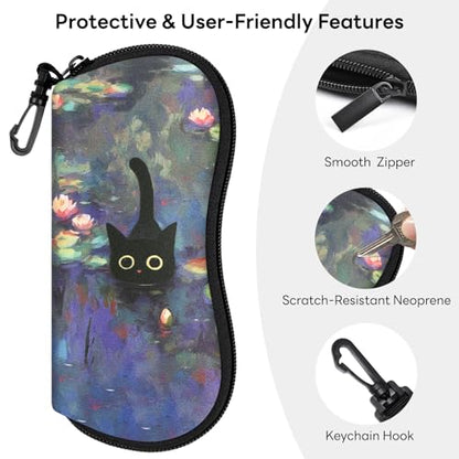 Sunglasses Case with Belt Clip, Ultra Light Neoprene Zipper Soft Padded Glasses Case for Women Men - color: Cute Cat