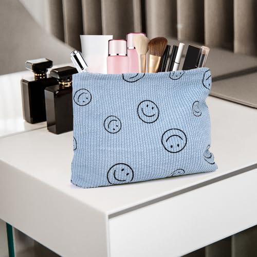 Smiley Face Makeup Bag - Cute Blue Corduroy Small Toiletry Bags for Women, Soft Mini Skincare Organizer, Small Zipper Pouch For Travel Use - color: Blue