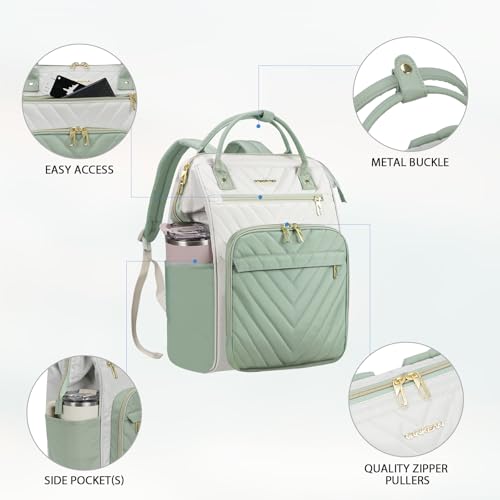 VANKEAN 15.6 Inch Laptop Backpack for Women Fashion Computer Work Bag, Large Capacity Waterproof Backpack, College Daypack Business Travel (Beige-Light Green, 15.6 Inch) - color: Beige-light Green, size: 15.6 Inch