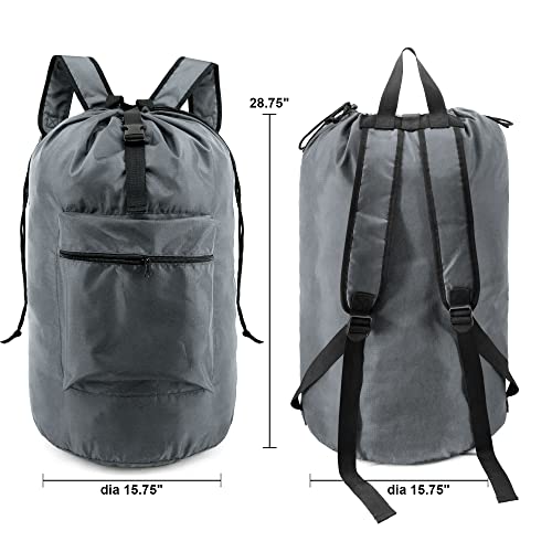BeeGreen Gray Laundry Backpack w Adjustable Shoulder Straps & Drawstring College Dorm Room Essentials w Handle for Travel Trip Lightweight Durable Laundry Bag Hamper Portable - color: Grey, style: With Front Zipper Pocket