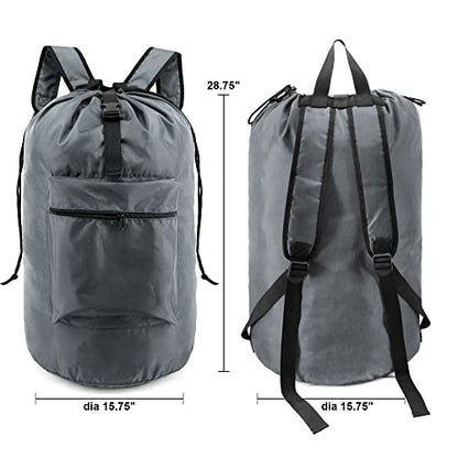 BeeGreen Gray Laundry Backpack w Adjustable Shoulder Straps & Drawstring College Dorm Room Essentials w Handle for Travel Trip Lightweight Durable Laundry Bag Hamper Portable - color: Grey, style: With Front Zipper Pocket