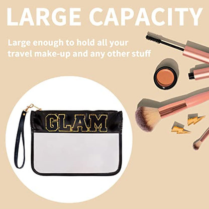 Iqimott Chenille Letter Bag Clear Flat Pouch, Monogram Glitter Letter Patch Makeup Cosmetic Bag Zipper Toiletry Pouch, Portable Travel Beach Snack Wristlet Bag for Women Girls(Black) - color: Glam-Black