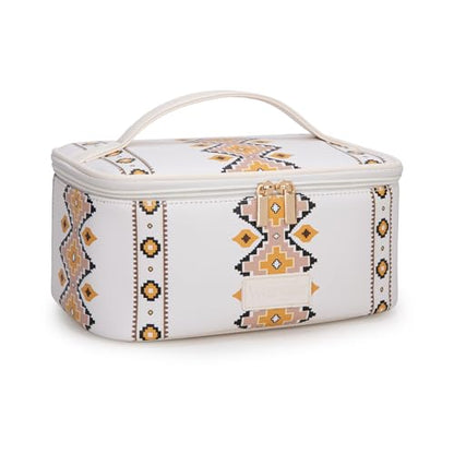 Montana West X Wrangler Travel Makeup Bag 2pcs Set Large Cosmetic Bag with Makeup Brush Holder Portable Make Up Organizer Cute Toiletry Bag with Divider and Handle for Women Aztec - color: Tan