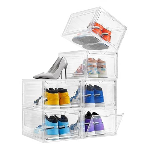 Attelite Shoe Box Organizer,Set of 6,Stackable Plastic Shoe Box with Clear Door, Shoe Storage Box Containers,For Display Sneakers,Easy Assembly,Fit up to US Size 12(13.4”x 10.6”x 7.4”) - color: Clear White, size: XL-6-pcs