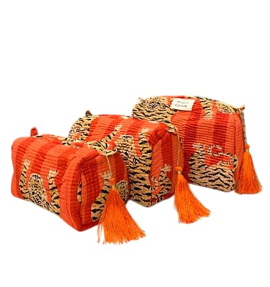 YILLE Set of 3 Pieces Block Printed Travel Organizer Kit Storage Bag for Women Makeup Bag Travel Cosmetic Bag (Orange fat tiger) - color: Orange fat tiger