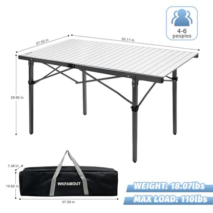 29.9" Tall Folding Camping Table for 2-6 Person, 54.7" Large Aluminum Foldable Roll-up Table Outdoor with Carry Bag for Picnic, Camp, Sturdy, Backyard, Patio - color: Silver