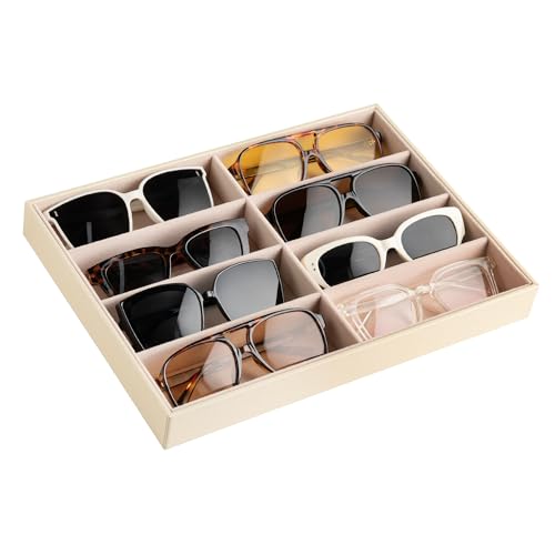 Frebeauty Sunglass Organizer,PU Leather Glasses Organizer,8-Slot Sunglasses Tray,Men's/Women's Sunglasses Box,Sunglass Case,13.3 x 9.6 x 1.5 Inches,Eyeglass/Eyewear Display Tray(Beige) - color: Beige, size: No Lid