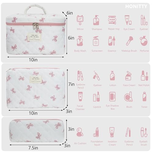 honitty Makeup Bag,Quilted Cosmetic Bag,Large Floral Make Up Bag for Women,Cotton Makeup Bag Set,Flower Travel Toiletry Bag - color: Bow Tie