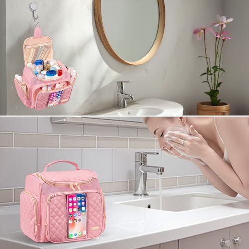 Large Toiletry Bag for Women Men,Bathroom Bag,Water Resistant Shower Bag,Makeup Bag,Toiletry Bags for Traveling,Hanging Toiletry Bag with Transparent Waterproof Phone Pocket (Pink) - color: Pink