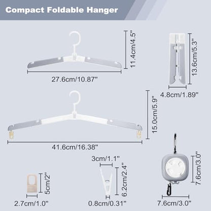 6 Pack Fodable Travel Hangers with Clips & Adjustable Clothesline, Portable Collapsible Hangers with Storage Bag for Suitcase, Hotel, RV, Cruise Essentials Set (Grey) - color: Gray