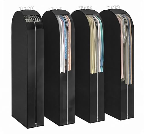 Black Garment Bags for Hanging Clothes 4 Packs, 10“ Gusseted and 50" Clothes Protectors for Hanging Clothes for Closet, Shirts, Coats, Dresses - color: Black, size: 50 inch