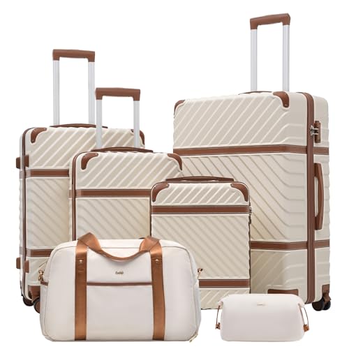 Coolife Luggage Set Suitcase Carry On Luggage PC Hardshell Luggage TSA Lock Spinner Wheels Telescopic Handle - color: White, size: 6 piece set