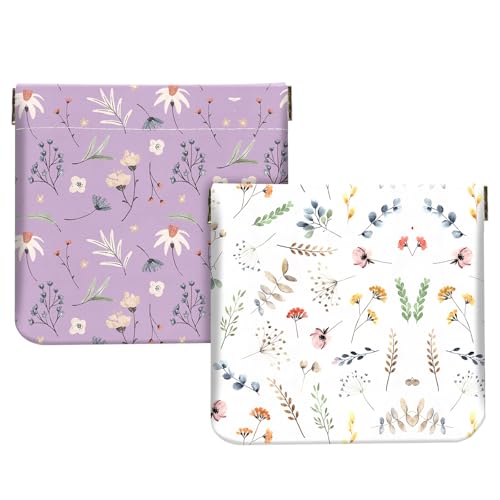 2Pcs PU Leather Small Squeeze Coin Purse Pouch Mini coin Bag Unique And Cute Wallet Cosmetic Bags Change Bag For Women Girls Men White And Purple Floral - color: White And Purple Floral