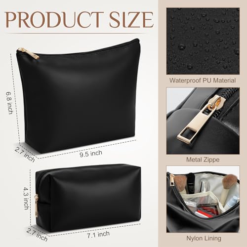 Kigeli 2 Pcs PU Leather Makeup Bag Set for Women Waterproof Aesthetic Cosmetic Bag Large & Small Travel Toiletry Organizer Pouch Skincare Organizer Bridesmaid Mother's Day Birthday Gift(Black) - color: Black