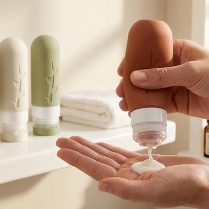DEPOZA Travel Bottles Kit (16 Pack) - TSA Approved, Leak Proof Silicone Squeezable Containers for Toiletries. Complete Set with Jars, Sprayers & Bag (Earthy brown) - color: Earthy brown