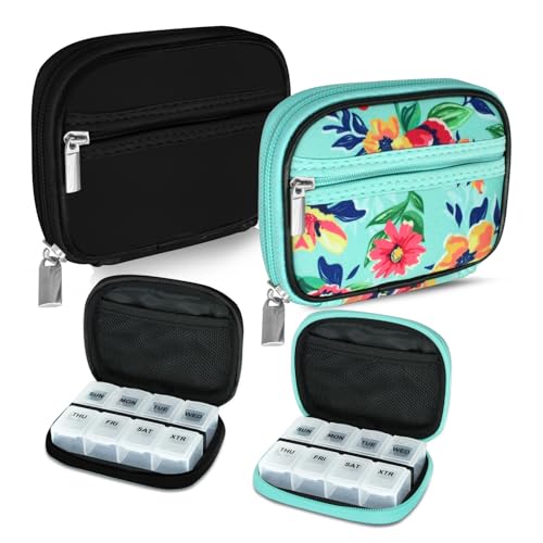 Serfeymi Weekly Travel Pill Organizer Pill Case for Purse with Removable 7 Day Pill Box, Fashionable Travel Medicine Organizer Pill Container for Medicine, Vitamin, Supplement - Black 01 + Green 01 - color: C. Black 01 + Green 01, size: 2 Cases + 2 Boxes