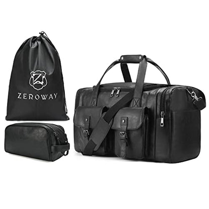 Zeroway PU Leather Travel Duffel Bag with Laundry Bag, Weekender Overnight bag Luggage Carry-On Bag with Shoe Pouch for Men or Women Black - color: Black-travel set