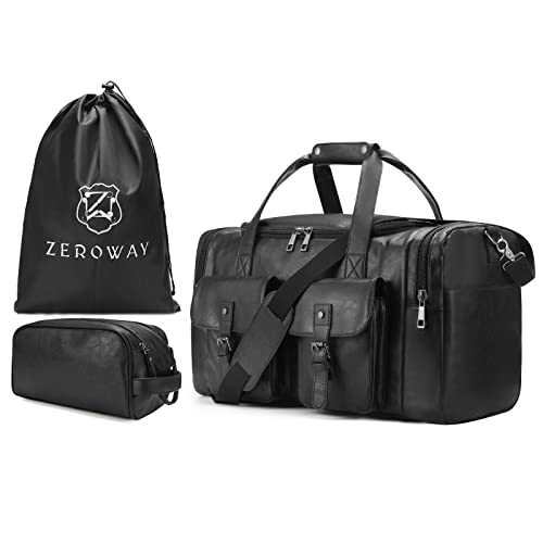 Zeroway PU Leather Travel Duffel Bag with Laundry Bag, Weekender Overnight bag Luggage Carry-On Bag with Shoe Pouch for Men or Women Black - color: Black-travel set