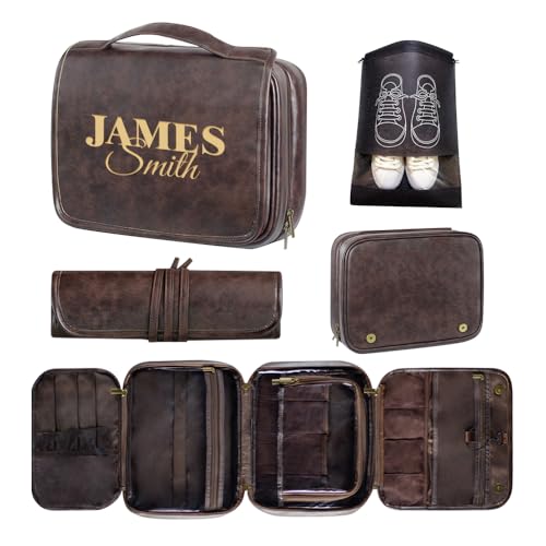 Custom 3-in-1 PU Leather Toiletry Bag For Men Personalized Hanging Travel Organizer Bag for Father Husband Boyfriend (Dark Brown) - color: Dark Brown